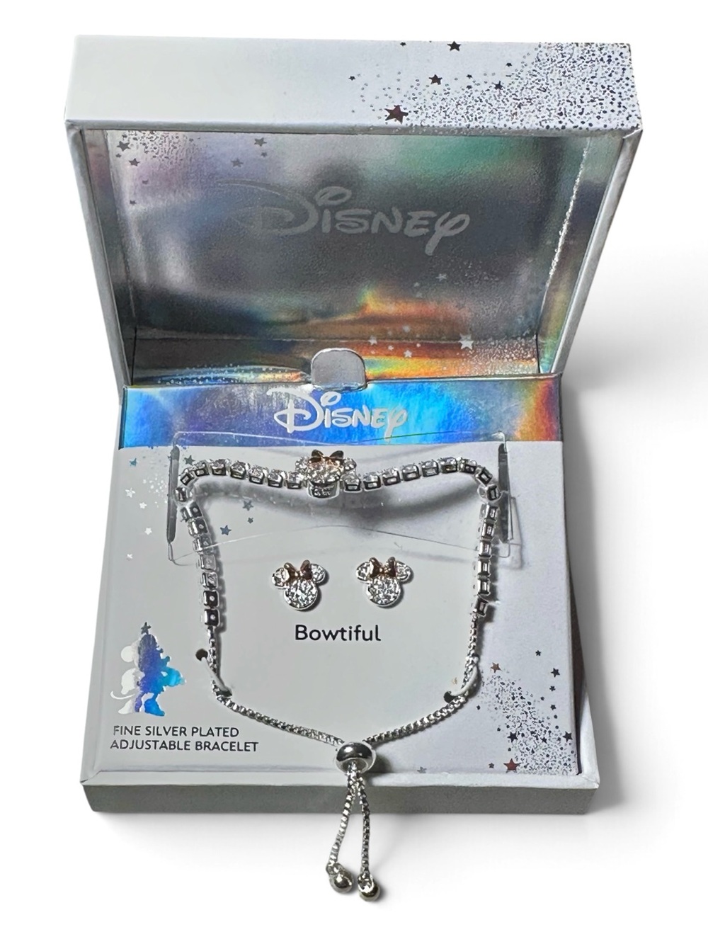 DISNEY Minnie Mouse Bowtiful Silver Plated Crystal-Filled Bracelet & Earrings Se
